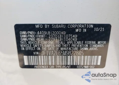 2021 Subaru Wrx Sti из США, поврежденный, VIN JF1VA2E65M9822845